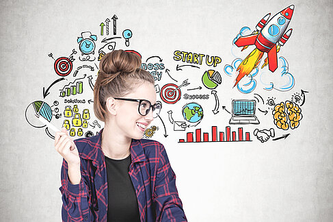 Junge Frau vor der Illustration ihrer Ideen zur Startupgründung.