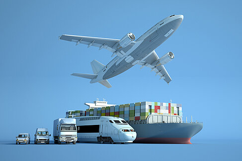 Verkehrsmittel © iStock.com - Copyright Franck-Boston Ein Auto, LKW, Zug, Schiff und Flugzeug